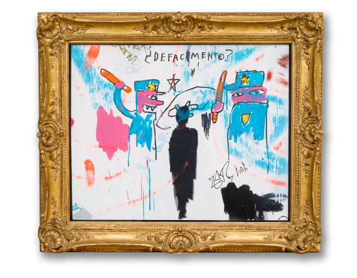 A painting in a gold ornate frame depicts cartoonish police figures confronting a black silhouette with the word "DEFACIMENTO?" above. The scene is vibrant with abstract elements and graffiti-style signatures.