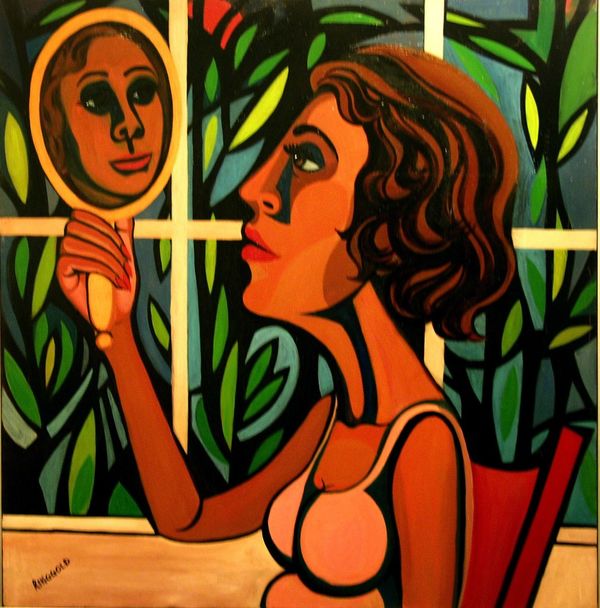 A stylized painting depicts a person gazing into a hand-held mirror, reflecting their face. The background features abstract, colorful foliage against a window. No text is present.