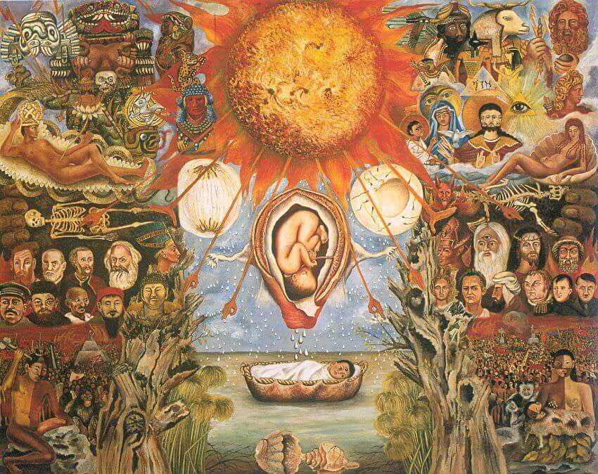 A fetus floats in a womb beneath a sun, surrounded by diverse figures, symbols, and celestial objects, portraying themes of creation and human history in a surreal, colorful landscape.
