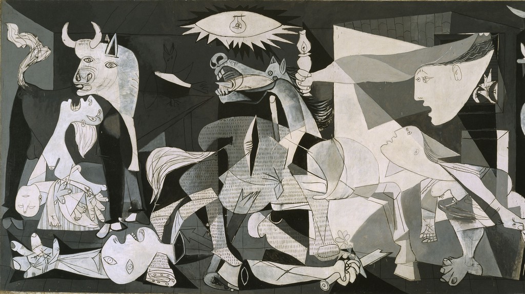 The painting features abstract, distorted figures, with a bull and horse amidst chaos and agony; a woman holds a lamp, illuminating the scene. Dark and light contrasts depict a tumultuous environment.