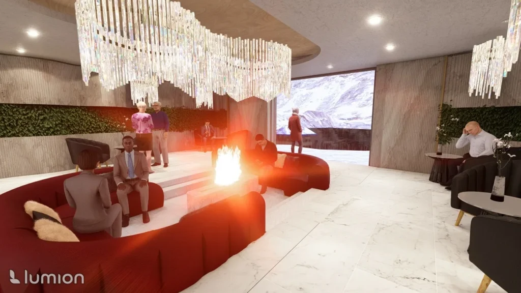 Chandelier illuminates people seated around a central firepit on red couches within a modern lounge featuring green wall decor and mountain visuals. Text reads: "lumion."