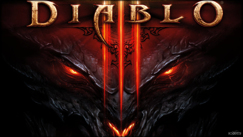 Demonic face with glowing orange eyes stares intensely, set against a dark, fiery background. Above, large text reads "DIABLO" in ornate lettering.