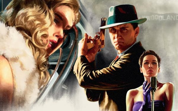 A detective in a hat holds a gun intensely, a glamorous woman watches, and a singer in purple stands at a microphone. The background hints at a vintage, noir setting.
