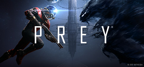 A suited astronaut wields a weapon in space, facing a dark, swirling mass. A distant space station looms. Text reads, "PREY © 2017 BETHESDA."