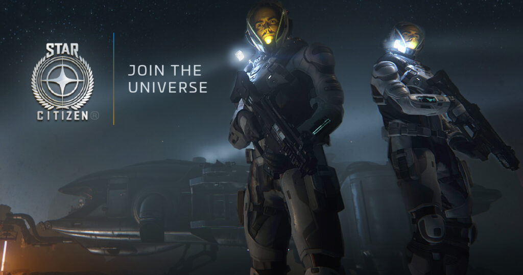 Astronauts stand with futuristic weapons against a starry sky, illuminated by helmet lights. A spaceship is in the background. Text reads: "STAR CITIZEN® JOIN THE UNIVERSE."