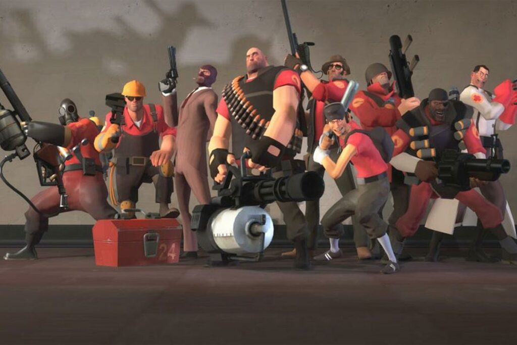 A group of animated characters in diverse poses holding weapons, standing together. They are in a lineup formation with a gray wall backdrop, featuring a red toolbox marked "24" on the ground.