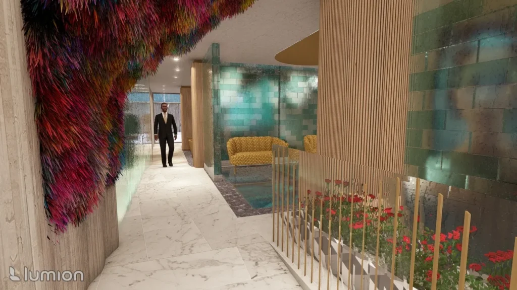 A person walks through a corridor with marble floors, colorful textured walls, and a patterned couch. A small garden bordered by wooden slats sits to the right. Text: "lumion."