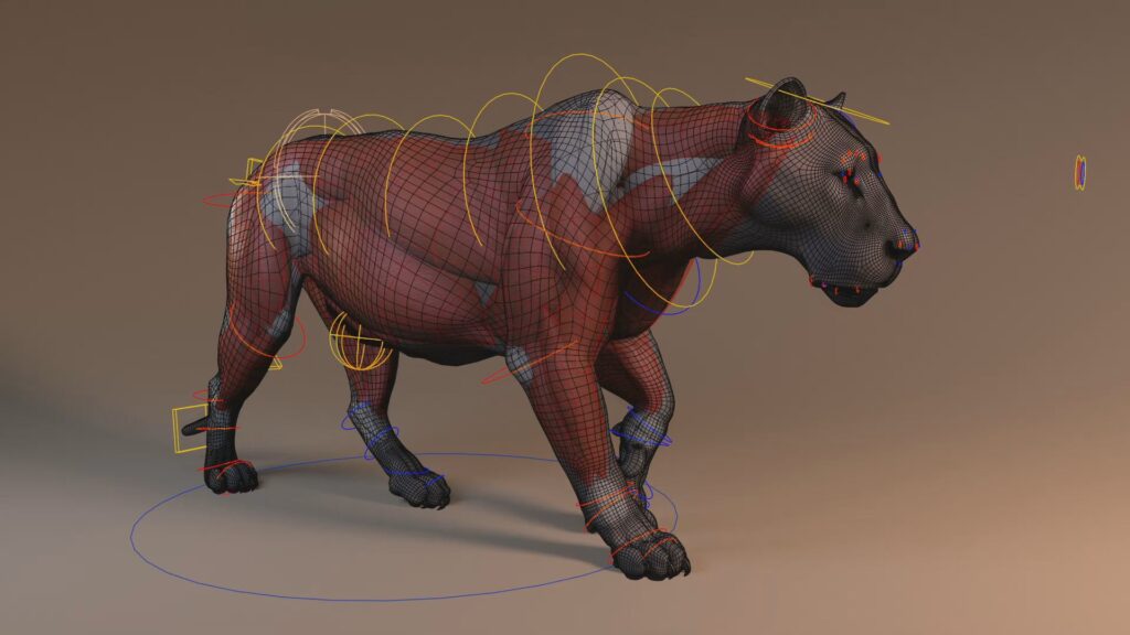 A digital model of a panther, depicted with wireframe mesh and colorful control rings, stands poised, set against a neutral beige background.