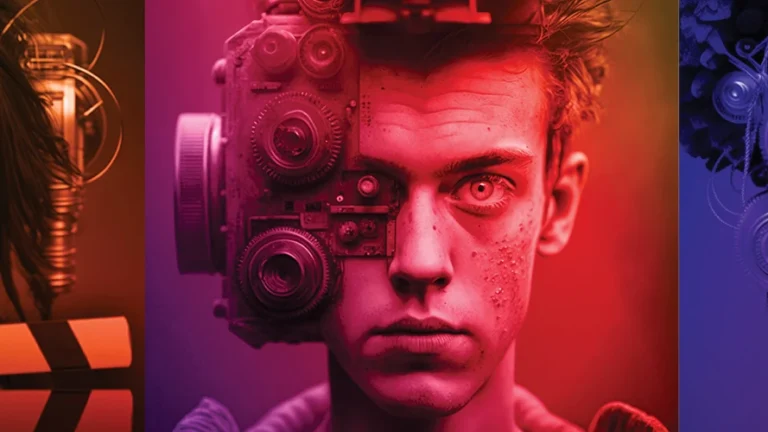 Three digitally altered portraits feature people with mechanical gear integrated into their heads against colorful backdrops: orange, red, and purple, blending technology and humanity in a futuristic style.