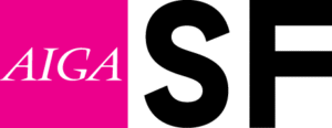 Logo features bold letters "AIGA" in white on a pink square, and "SF" in black on a gray square, signifying a design-related organization.