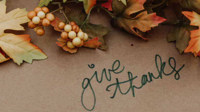 Autumn leaves and berries are arranged on a brown background with the handwritten text 
